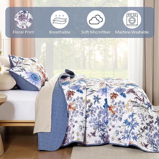 Yiran Blue Floral Quilts Queen Size, Sunflower Botanical Bedding Set | Spring - Image 6