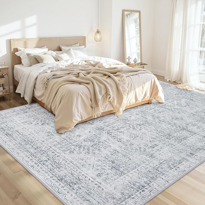 Area Rugs 9x12 Living Room: Bedroom Neutral Washable Carpet Gray | Vintage Boho - Image 2
