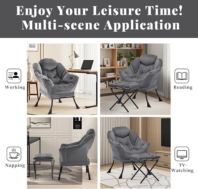 Lazy Chair with Ottoman, Comfy Reading Chair, Darkgrey | Cushioned Seat with - Image 9