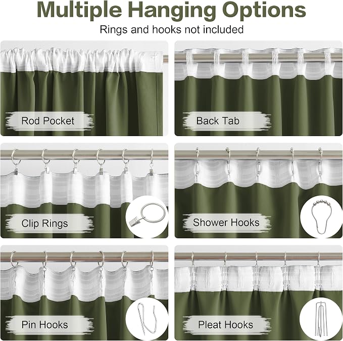 Olive Green Curtains 102 Inches Long 2 Panels Set, Room Darkening Blakcout - Image 3