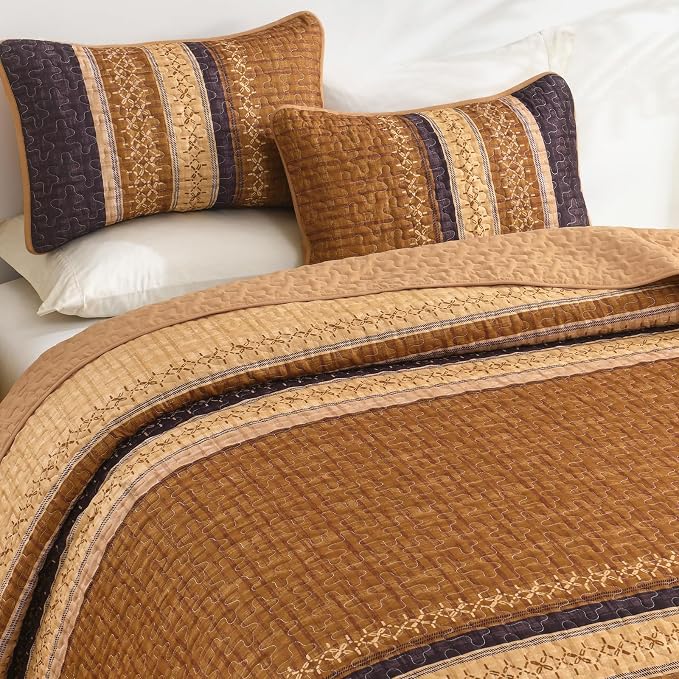 Cottolester Fall Quilt Set King, Burnt Orange Striped Patchwork Bedspread | - Image 6