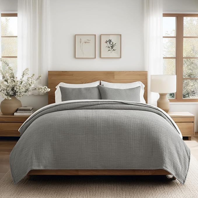 EVERGRACEHOME Cotton Gauze Matelassé Coverlet, Queen Size, Fog Gray | Ultra by EVERGRACEHOME
