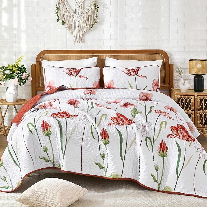 WONGS BEDDING Red Quilt Set Queen Size, Cute Red Floral Botanical Bedspread - Image 9
