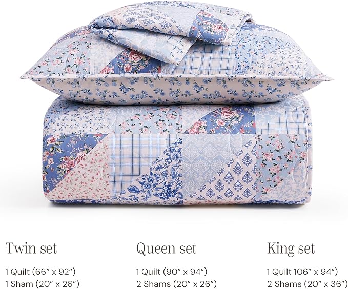 Queen Quilt Set-3 Pieces Soft Bedding Lightweight Floral Patchwork Coverlet | - Image 9