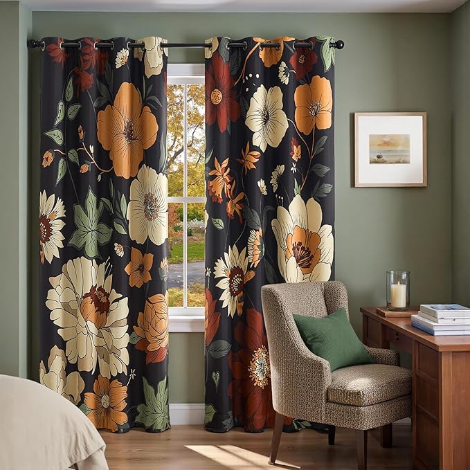 jinchan Black Boho Floral Blackout Curtains 90 Inch Grommet 2 Panels | Room - Image 2