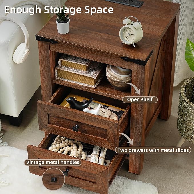 Joaxswe Nightstand with Charging Station and 2 Drawers, Farmhouse | Rustic - Image 5