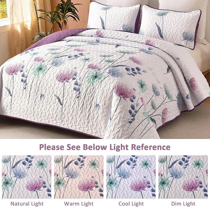 Dinjoy Queen Quilt Set, 3 Pieces Floral Purple Bedspread Coverlet Set | Purple - Image 3