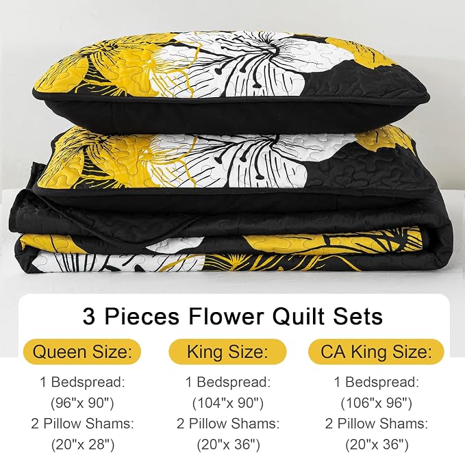 DJY Black Quilt Set King Gold Floral Pattern Quilt Coverlet Set Gorgeous Boho - Image 6