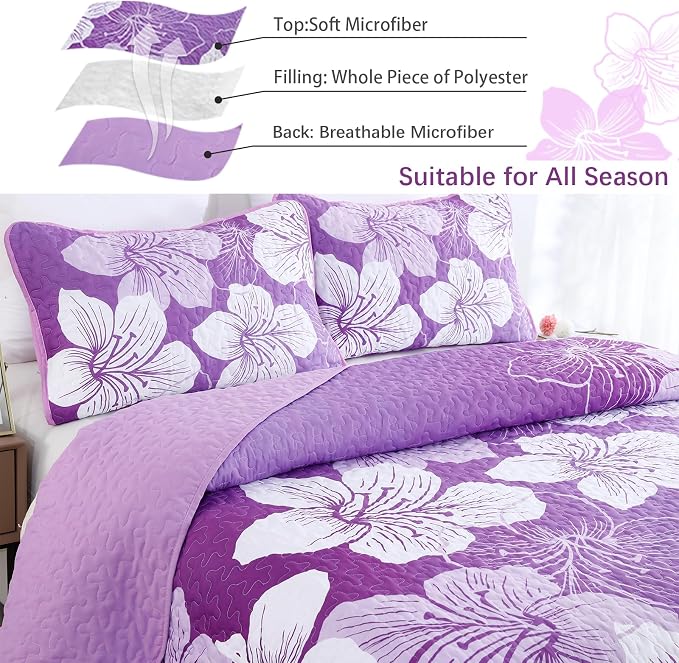 DJY Purple Floral Pattern King Quilt Set 3 Pieces Botanical Bedspread Summer - Image 3