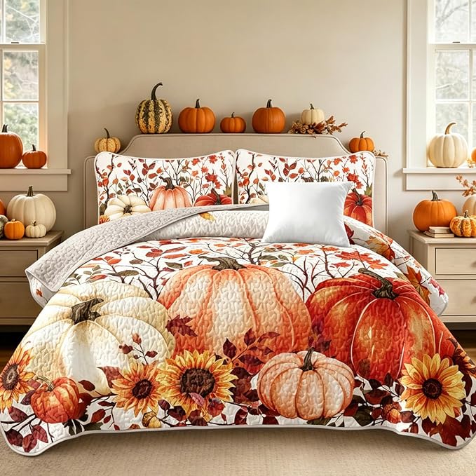 WONGS BEDDING Fall Harvest Pumpkin Quilts Queen Size, Thanksgiving Bedspread | by WONGSBEDDING
