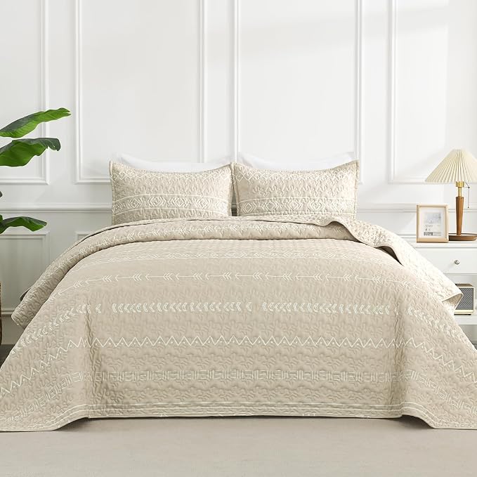 Beige California King Quilt Set, 3 Pieces Boho Striped Bedspread | Soft by Andency