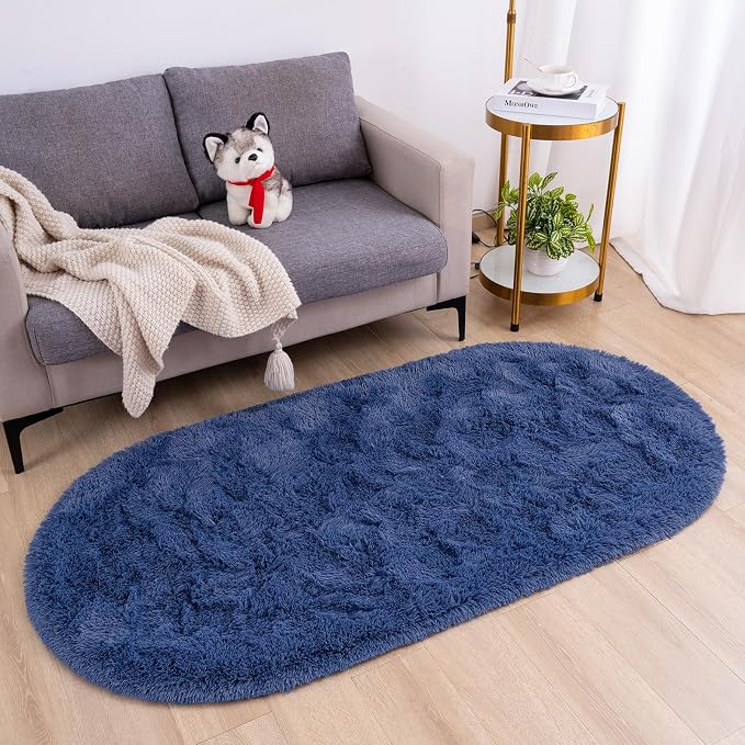 Goideal Fluffy Bedroom Rug, Small Oval Area Rugs, Light Navy Shag Bedside Carpet - Image 2