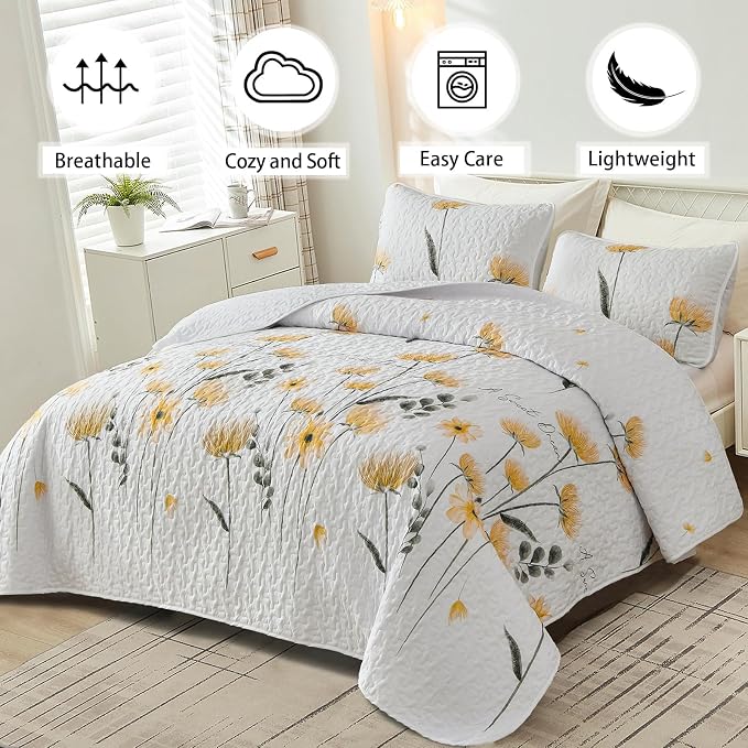 Dinjoy Floral Quilt Set California King, 3 Pieces Yellow Flower Bedspread | - Image 2