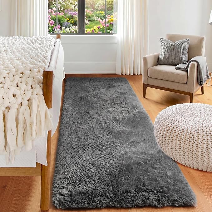 2x6 Grey Runner Rugs for Bedroom Living Room, Fluffy Bedside Hallway Throw Area by ONASAR