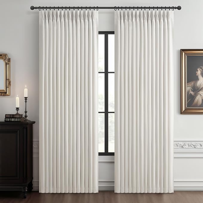 Blackout Beige White Pinch Pleated Thick Linen Curtains 90 Inches Long | Double by PleatedDrapes