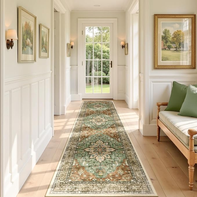RELEANY Washable Area Rug, Runner 3'x9', Brick/Brown/Green | Non-Slip, Water - Image 2