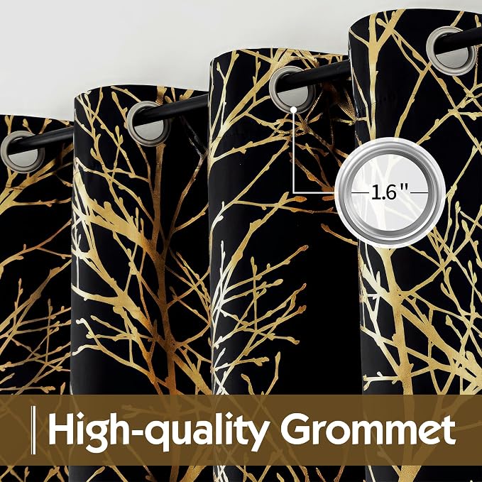FMFUNCTEX 100% Blackout Black Gold Foil Tree Curtains 84 Inch 2 Panels | - Image 3