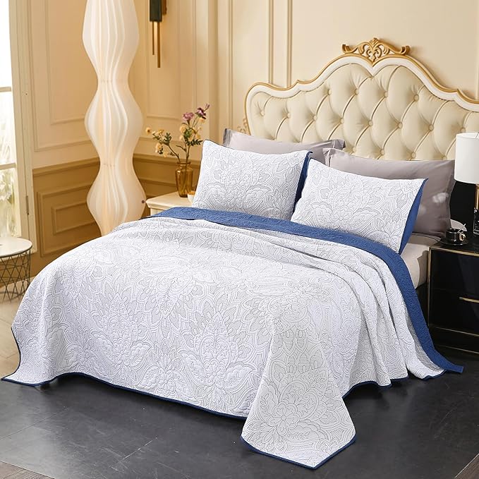 ROOMLIFE Quilt Set King Size 3D Floral Campanula Embroidery Pattern 3-Piece by ROOMLIFE