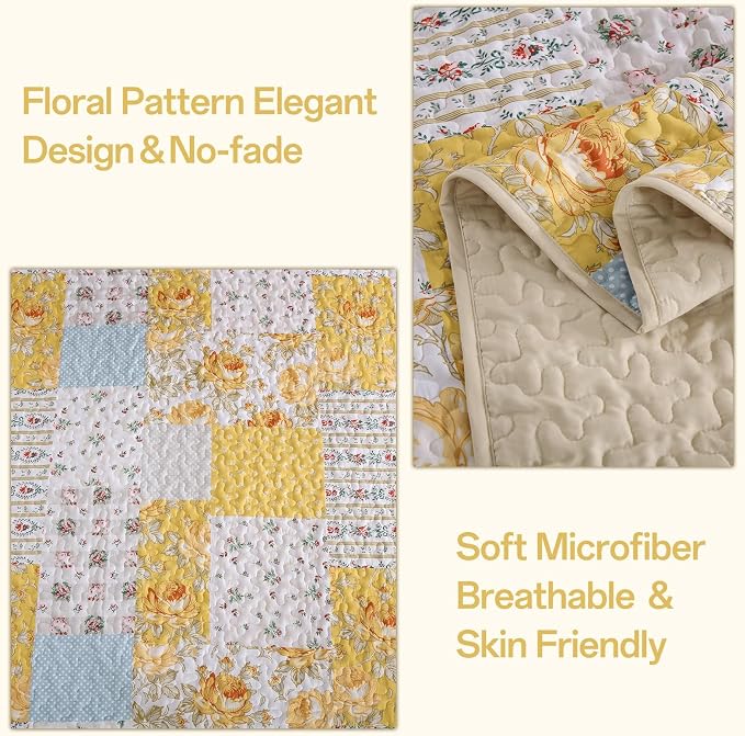 Yellow Patchwork Quilt Set King Size, Rose Floral Plaid Bedspread | 3 Pcs - Image 4