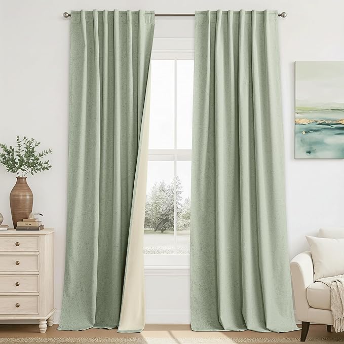 RYB HOME 100% Blackout Sage Green Linen Curtains, Light & Heat Blocking Thermal by RYBHOME