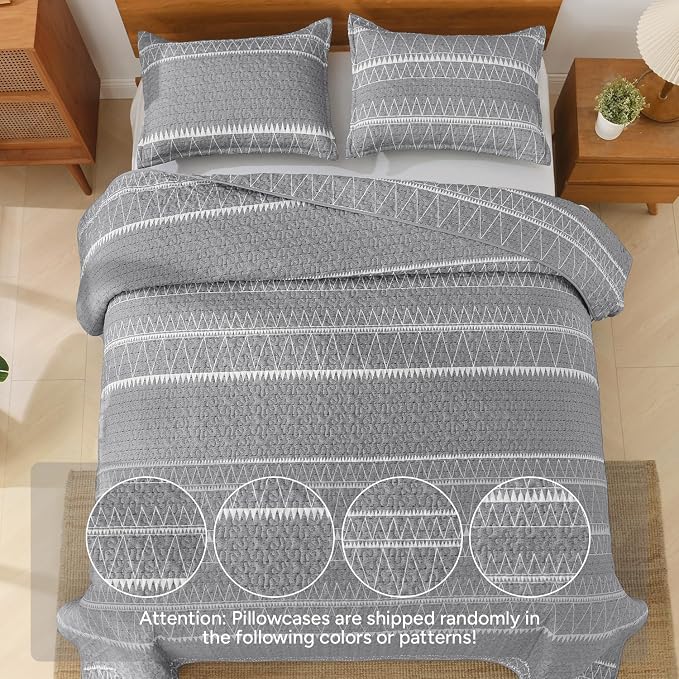 Quilts Queen Size Grey, 3 Pieces Boho Lightweight Striped Bedspread | Soft Gray - Image 6