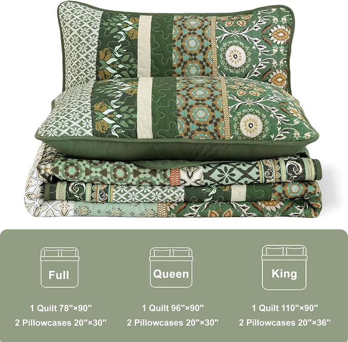 Yiran Boho Quilts Full Size, Olive Green Bedspreads Bedding Set | Lightweight - Image 8