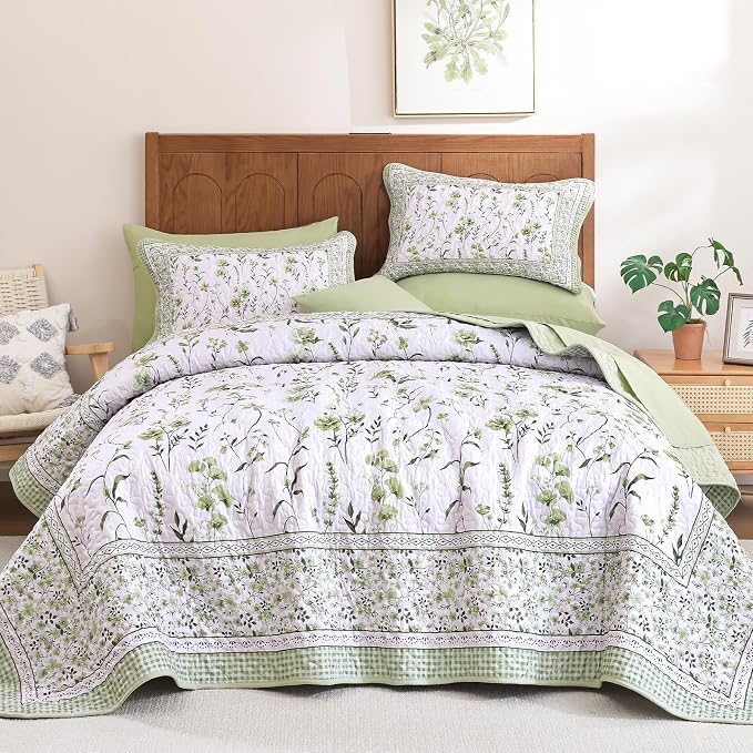 WONGS BEDDING Floral Quilts Set Queen, Sage Green Bedspread Coverlet Set | - Image 8