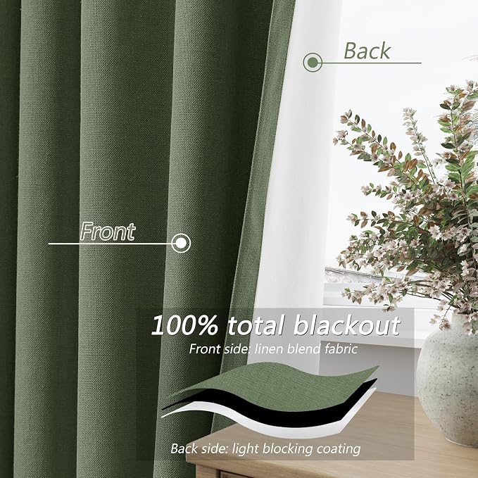 Olive Green 100% Blackout Curtains 90 Inch Length 2 Panels Set - Image 4