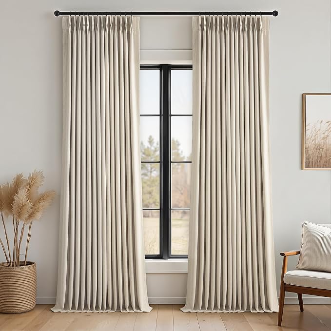 Pinch Pleated Full Blackout Linen Curtains 120 Inch by Topfinel