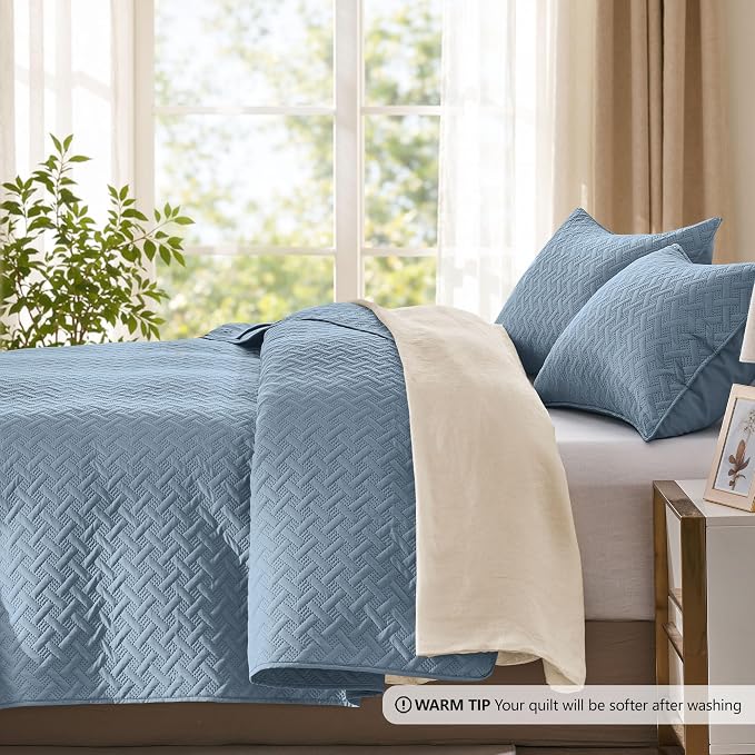 FLYMME Quilts Queen Size, Lightweight Dusty Blue Bedspreads, Basket Weave - Image 3