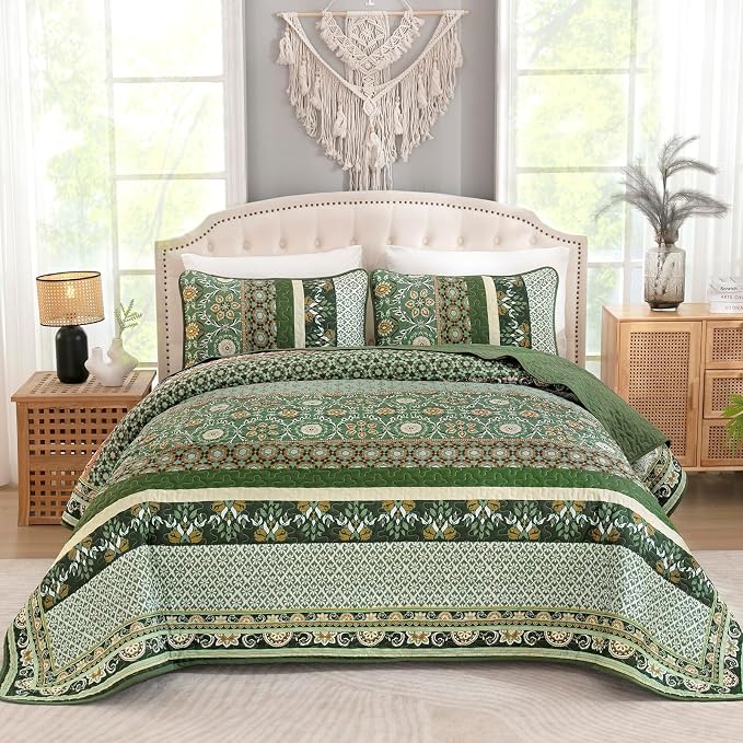Yiran Quilts Queen Size, Fall Olive Green Bedspreads Bedding Set | Lightweight - Image 2