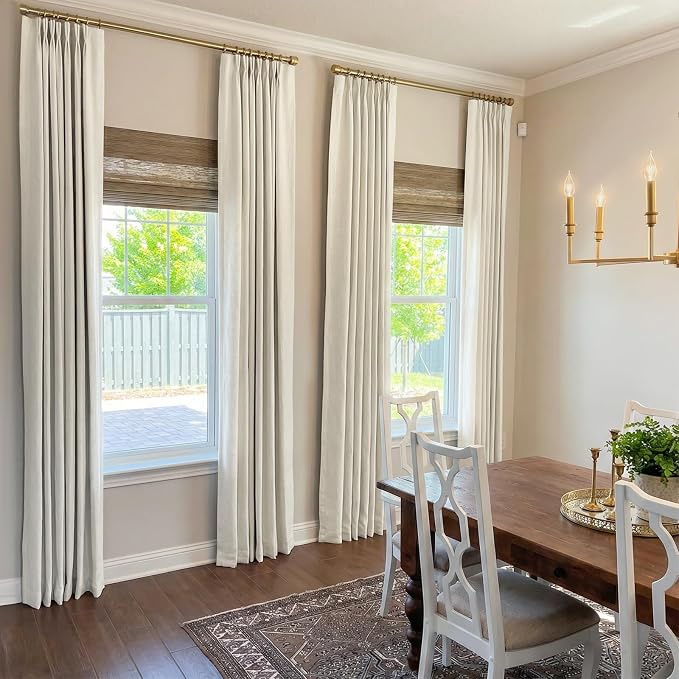 Pinch Pleated Full Blackout Faux Linen Curtains 90 Inches Long | Beige White - Image 4
