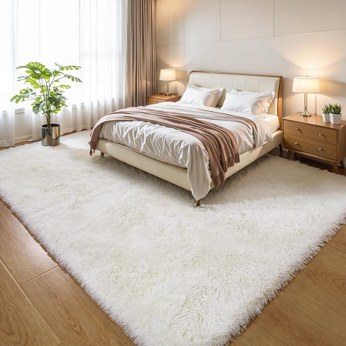 6x9 Cream White Shag Rug for Bedroom, Soft Plush Fluffy Carpet | Ivory Area Rug by KICHOWUA