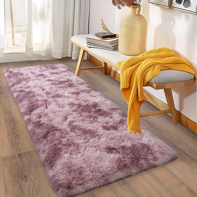 Soft Runner Rugs for Bedroom Hallways 2x6 Tie-Dyed Grey Purple | Fluffy Shag - Image 3