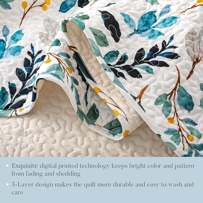 Whale Flotilla California King Size Quilt Set, Soft Floral Leaf Bedspreads | - Image 5