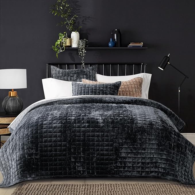 RECYCO Channel Box Stitch Velvet Quilt Set, Full Queen Size, Luxury Oversized - Image 2