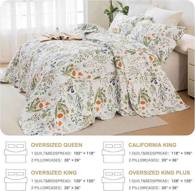 QSH 100% Cotton Floral Quilt Oversized Queen Set- 3Pcs Yellow Flowers Leaves - Image 6