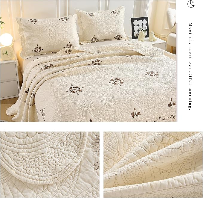 ROOMLIFE Quilt Set Full Size 3D Floral Embroidery Pattern 3-Piece Cotton | - Image 6