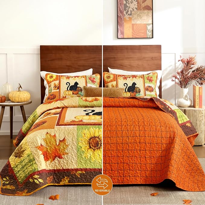 Yiran Happy Thanksgiving Harvest Fall Quilt Set Queen Size | Pumpkin Maple - Image 8