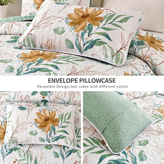 Anibedding Floral Quilt Set Queen, 3 Pieces Reversible Elegant Green Leaves - Image 4
