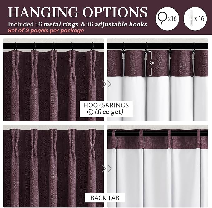 PleatedDrapes Purple Double Layer Linen Blackout Curtains 40 x 102 Inches Long - Image 8