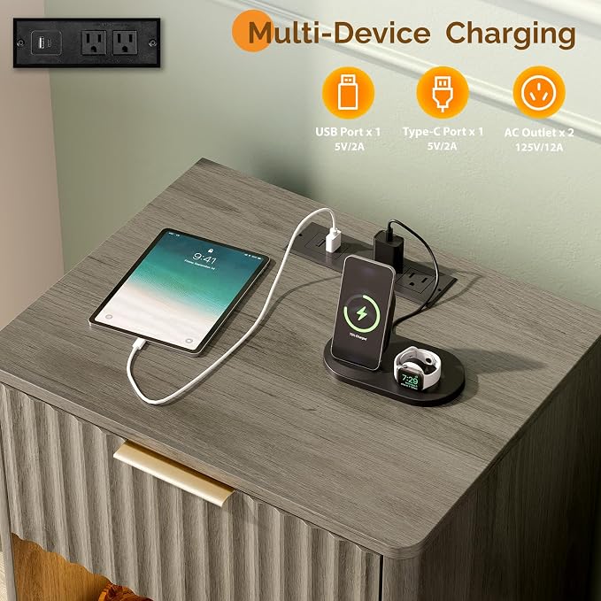VINGLI Night Stands Set 2 with Charging Station, LED Nightstand Fluted with - Image 5