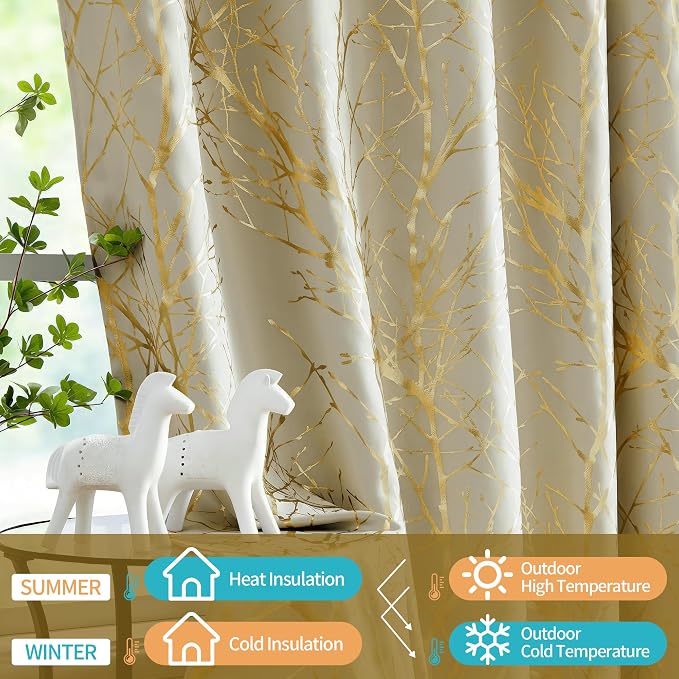 FMFUNCTEX 100% Blackout Ivory Gold Foil Tree Curtains 63 Inch Long 2 Panels | - Image 5