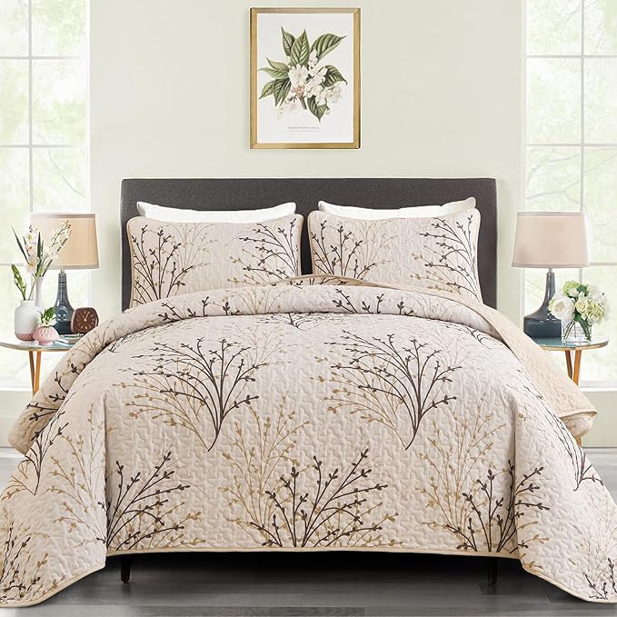 DJY Queen Size Quilt Set Beige Branch Botanical Bedspread Coverlet Set | 3 by HOME