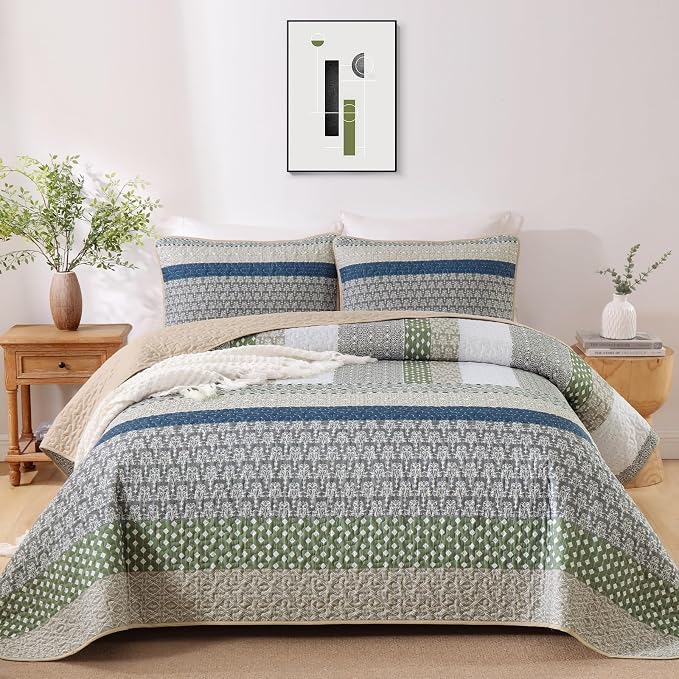 WONGS BEDDING Queen Quilt Set Khaki Green, 3 Pieces Striped Bedspread | Ultra - Image 2
