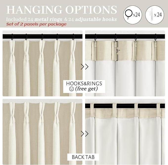Pleated Extra Wide 70 Inch Bedroom Curtains 96 Inches Long 2 Panels, Cream - Image 8