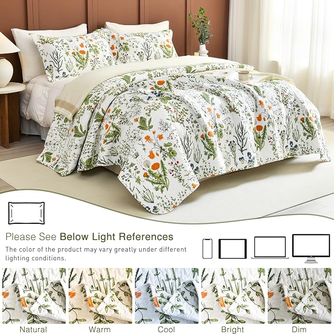 QSH 100% Cotton Floral Quilt Queen Set Yellow Flowers Leaves Plants Pattern - Image 4