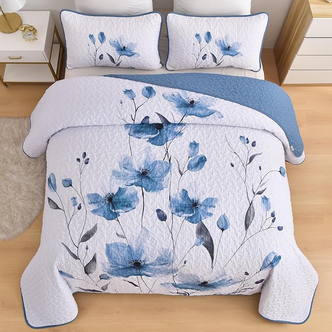 Mybedsoul Full/Queen Quilt Set Blue, Reversible Polyester Coverlet Set - Image 3