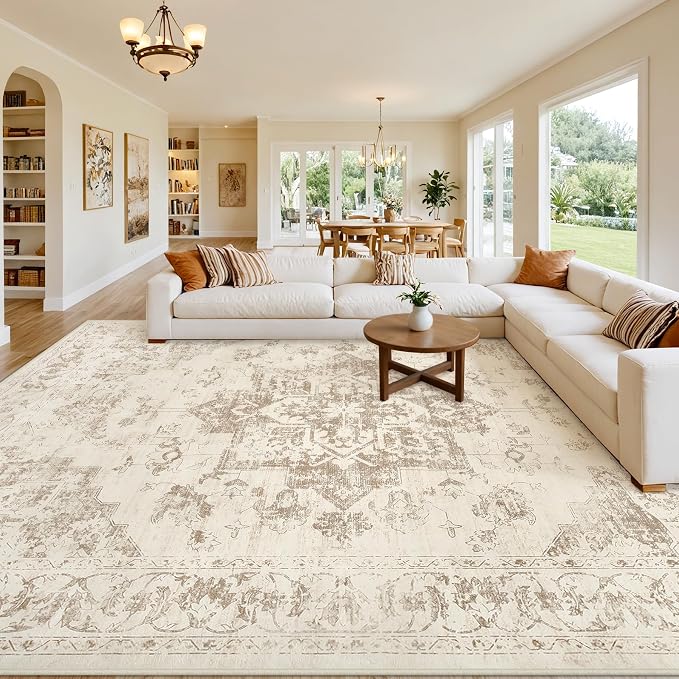 Area Rugs 9x12 Living Room: Bedroom Washable Carpet Beige/Ivory | Vintage Boho - Image 8