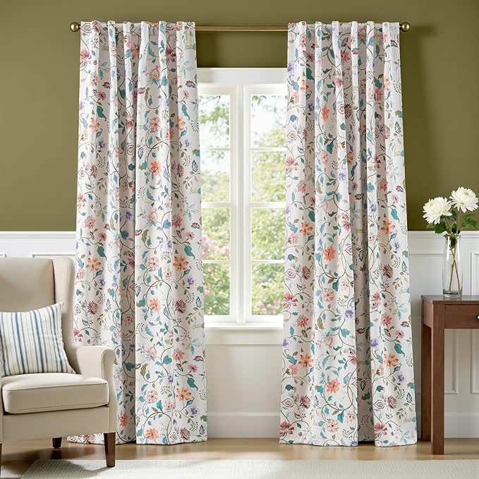 jinchan Beige Floral Blackout Curtains 84 Inch Back Tab 2 Panels Set | Room - Image 2